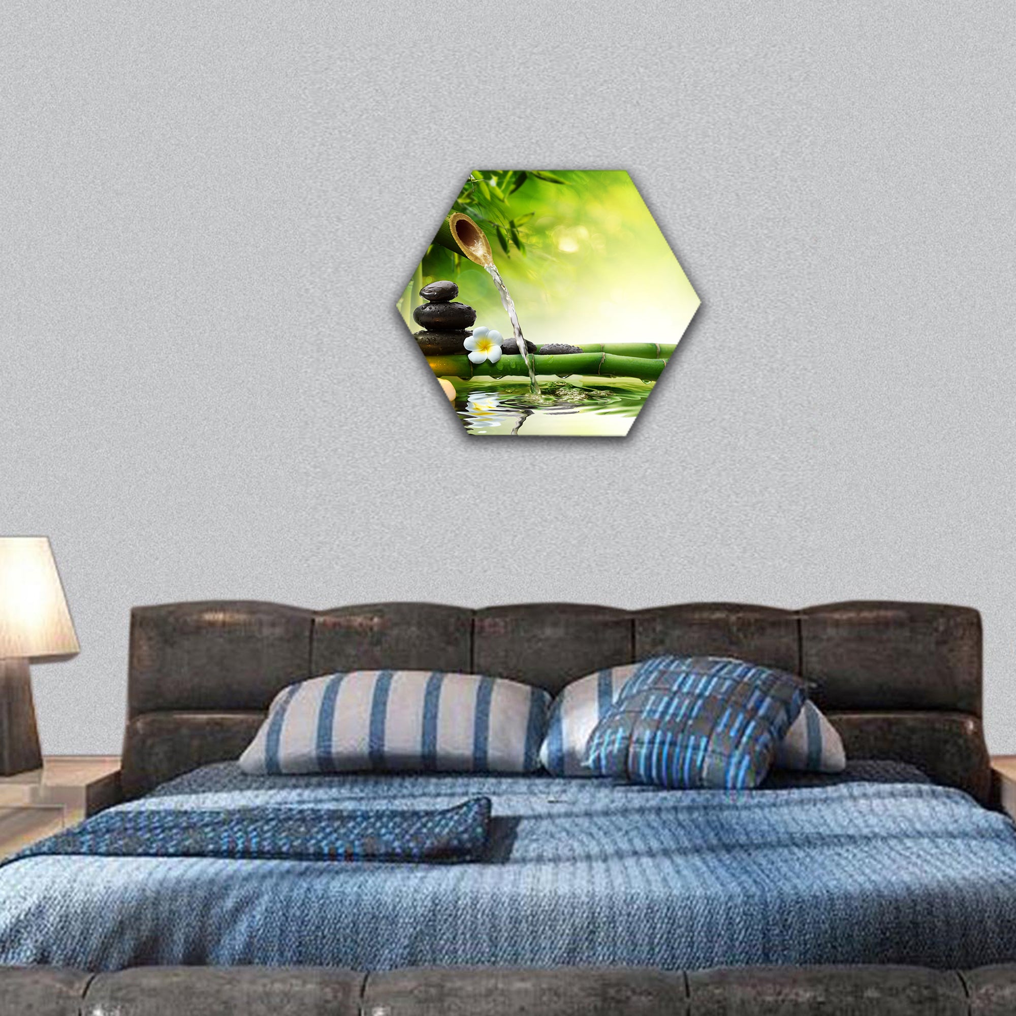 Spa stones in garden with flow water hexagonal canvas wall art
