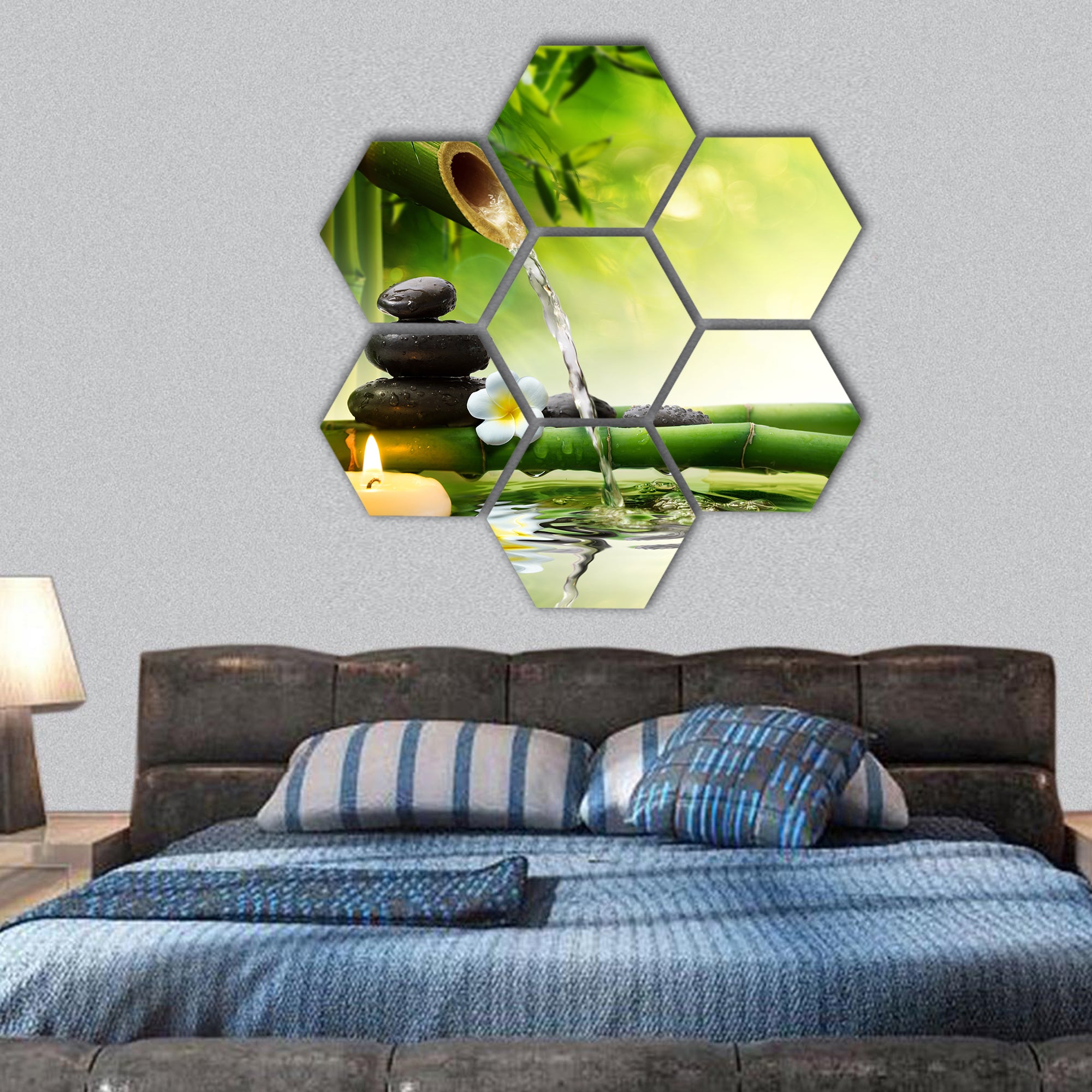 Spa stones in garden with flow water hexagonal canvas wall art