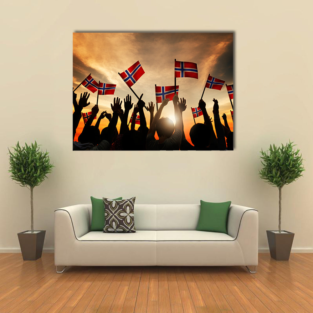 Group Of People Waving Norwegian Flags Multi Panel Canvas Wall Art