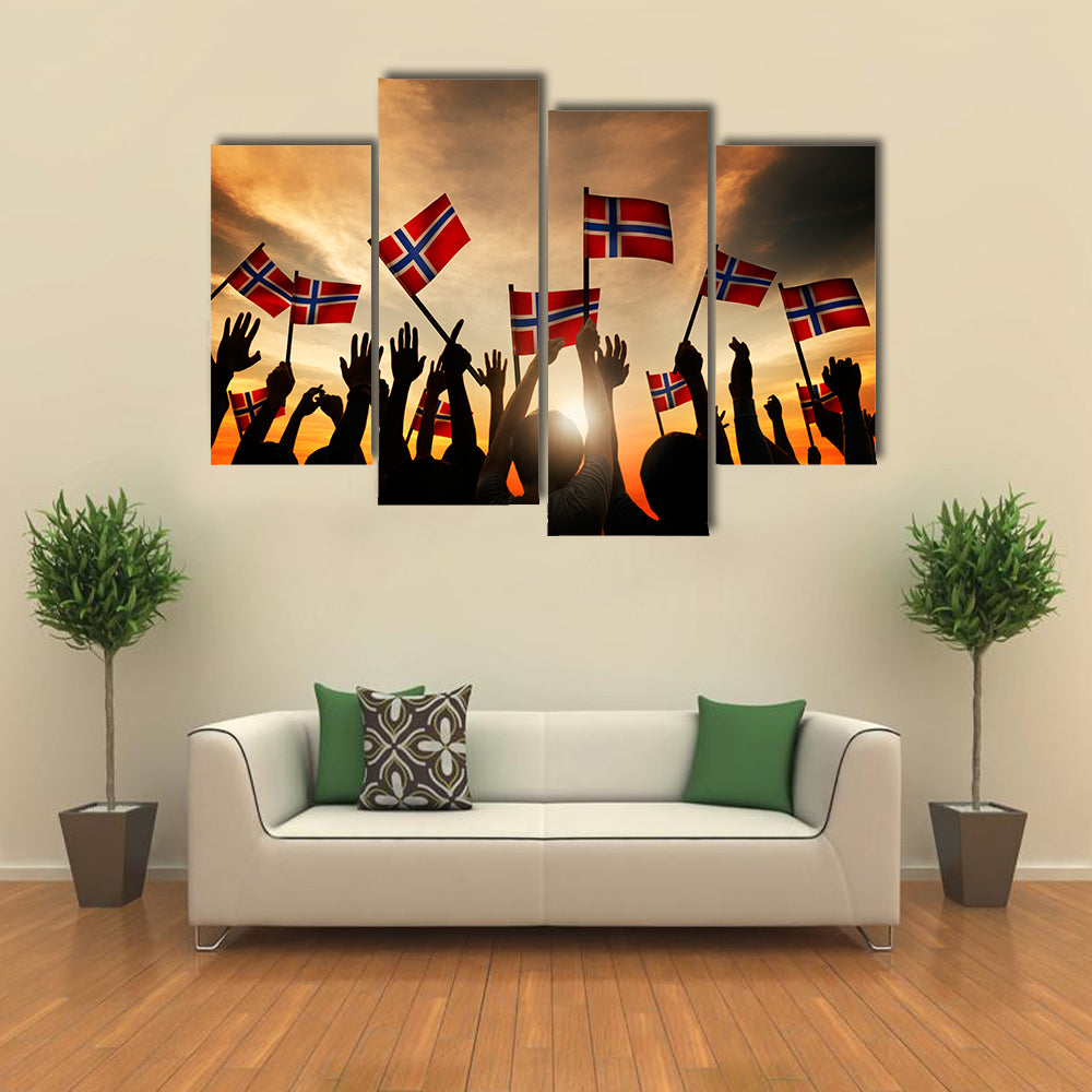 Group Of People Waving Norwegian Flags Multi Panel Canvas Wall Art