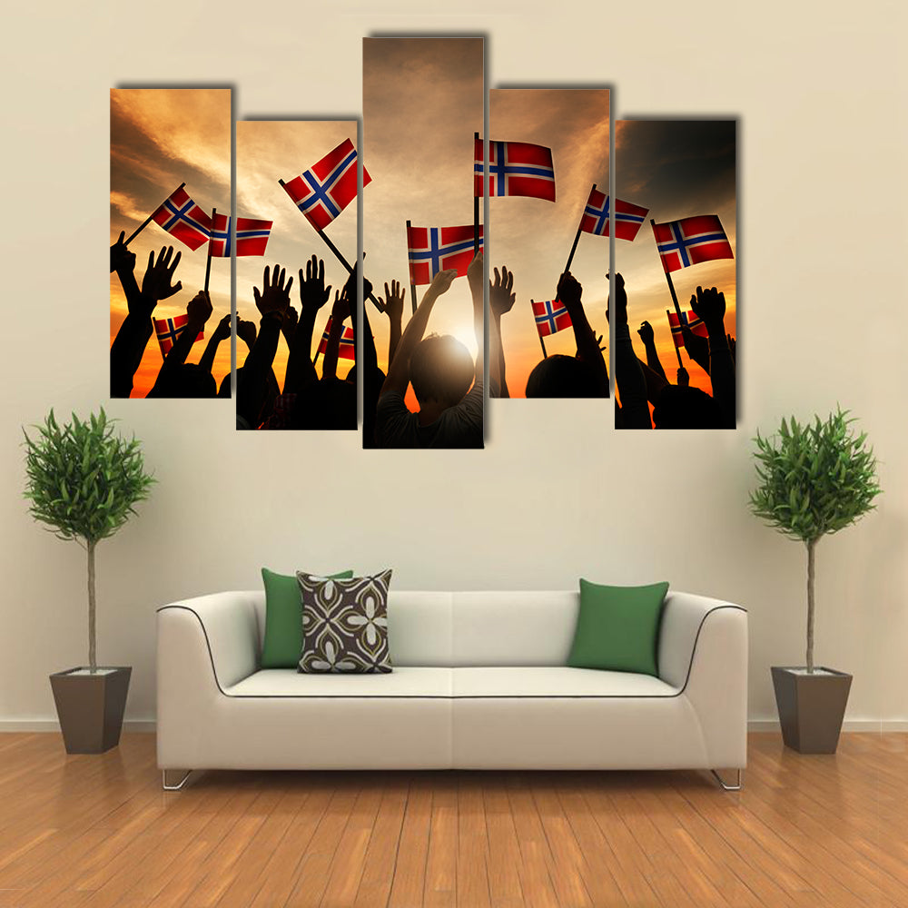 Group Of People Waving Norwegian Flags Multi Panel Canvas Wall Art