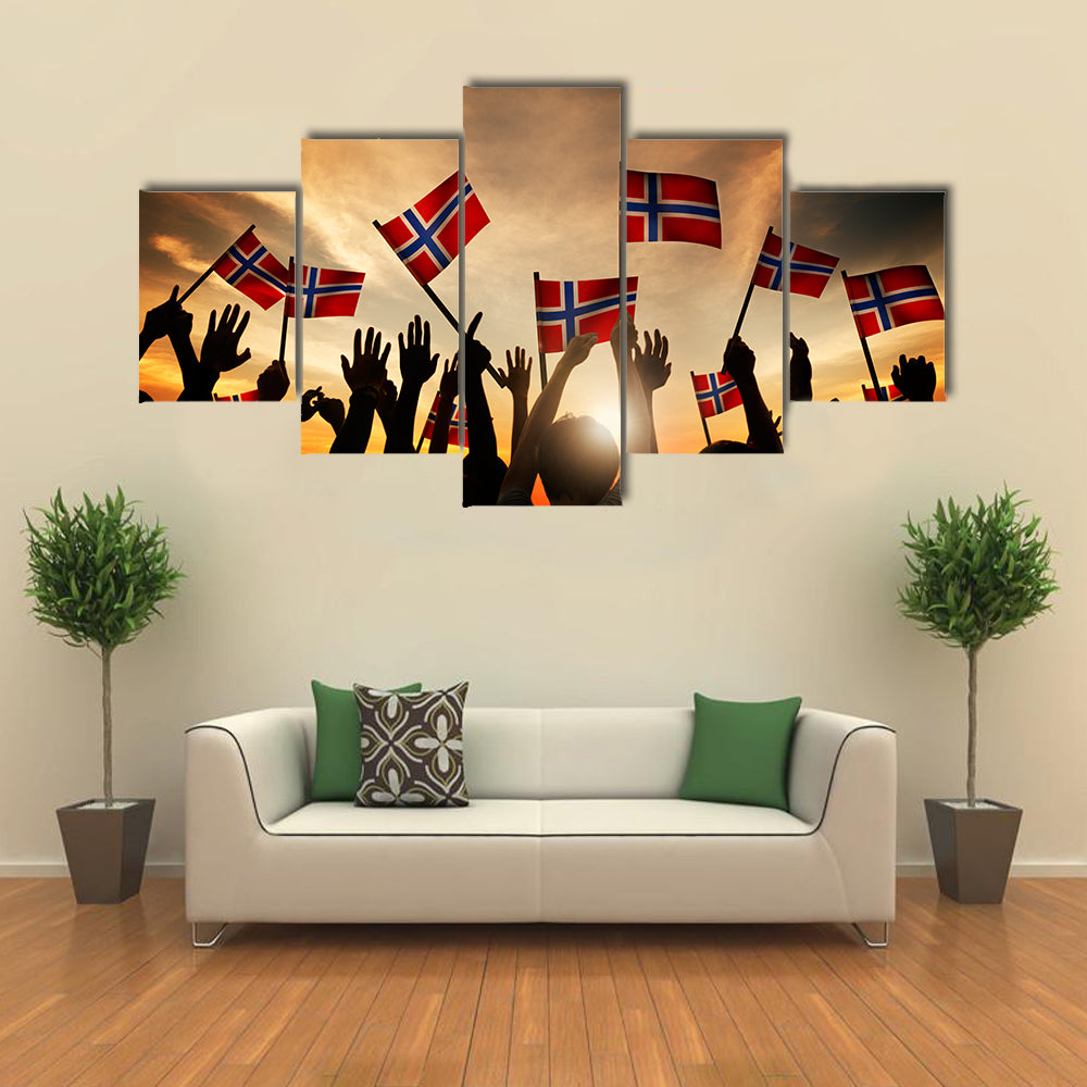 Group Of People Waving Norwegian Flags Multi Panel Canvas Wall Art