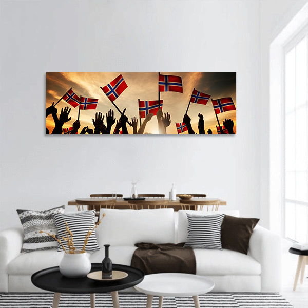 Group of People Waving Norwegian Flags in Back Lit panoramic canvas wall art
