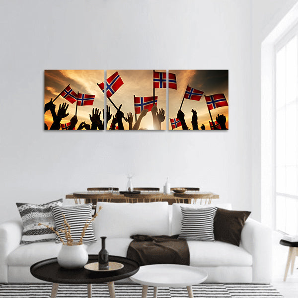 Group of People Waving Norwegian Flags in Back Lit panoramic canvas wall art