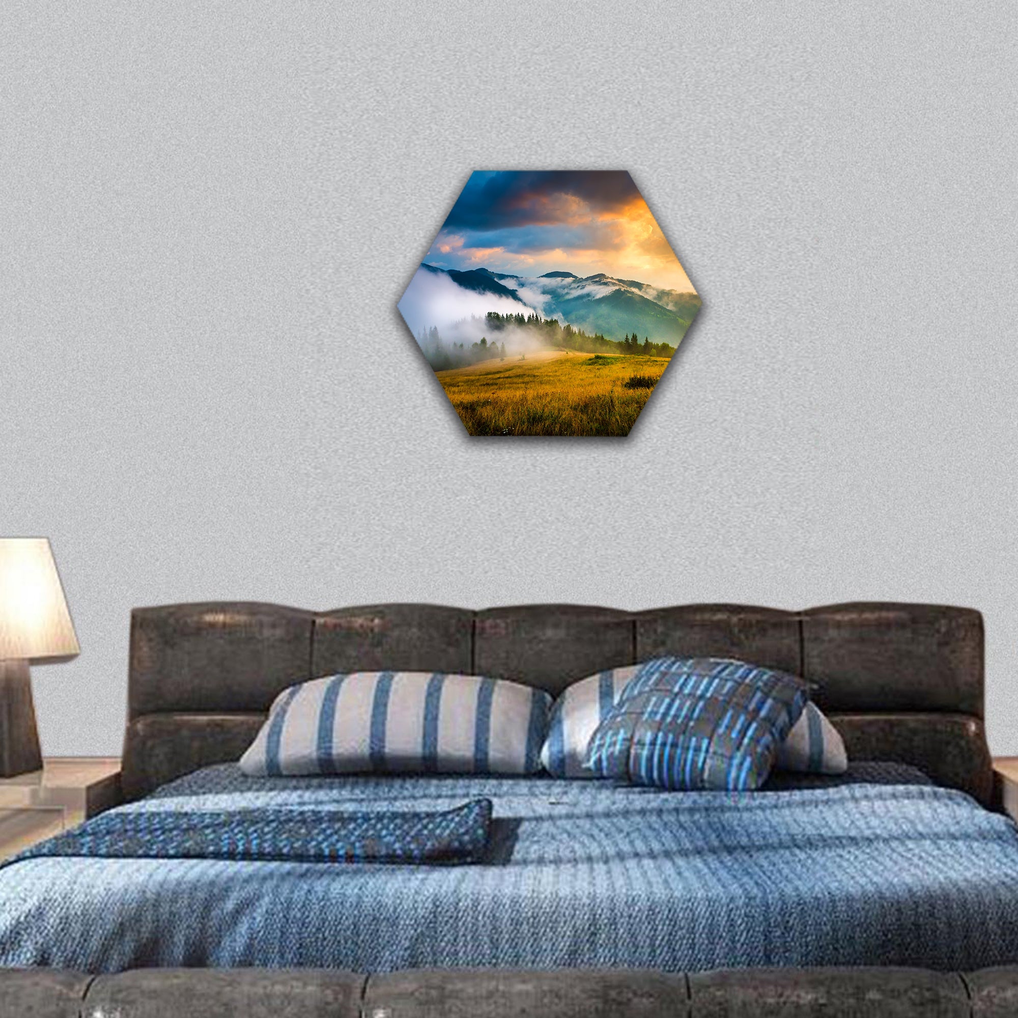 Mountain landscape with fog and a haystack hexagonal canvas wall art