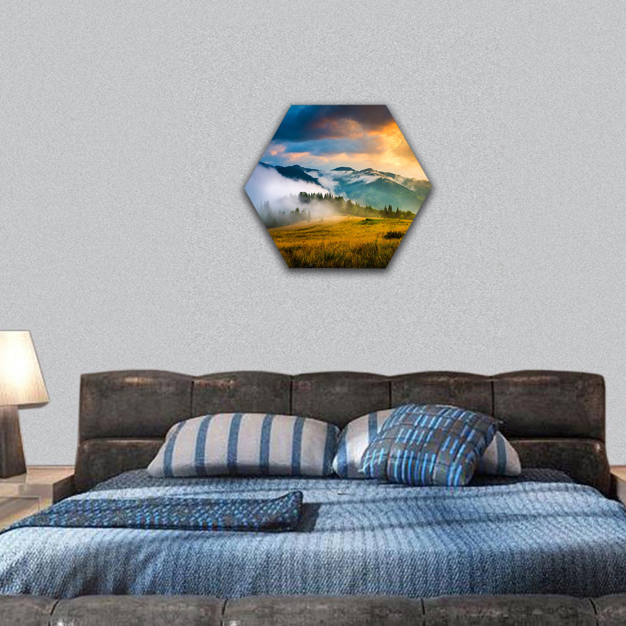 Mountain landscape with fog and a haystack hexagonal canvas wall art