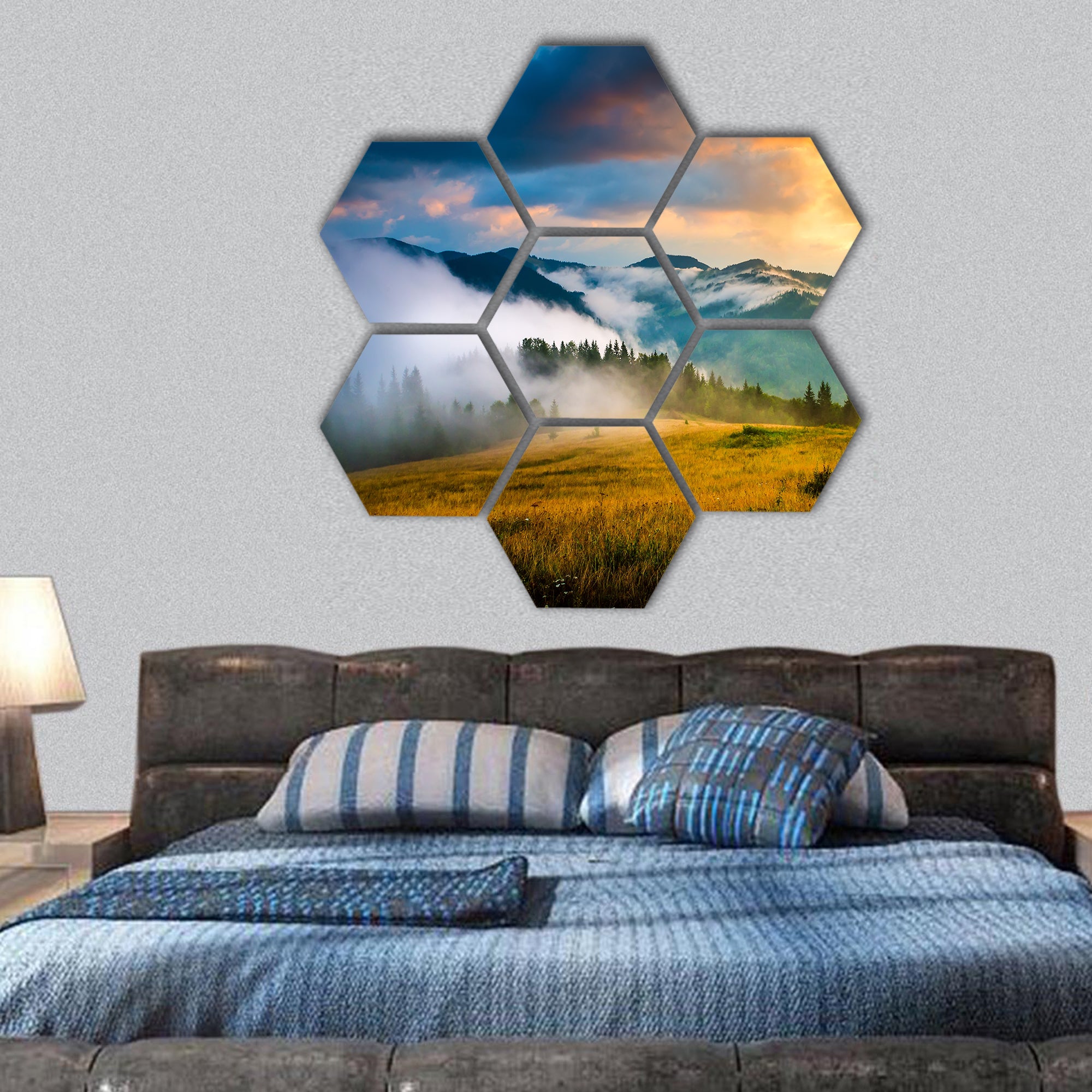 Mountain landscape with fog and a haystack hexagonal canvas wall art