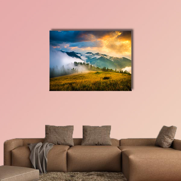  Amazing mountain landscape with fog and a haystack multi panel canvas wall art