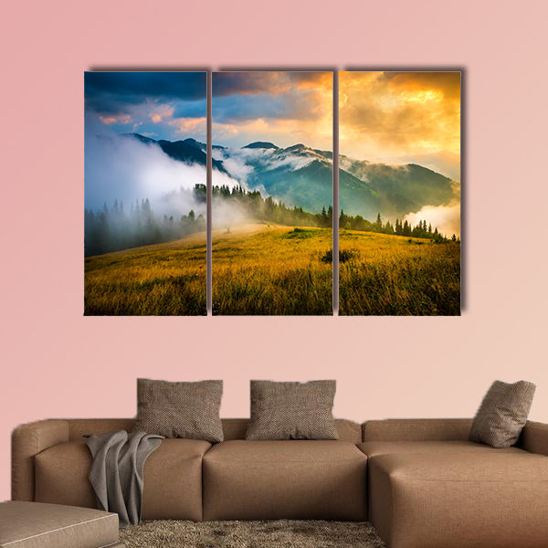  Amazing mountain landscape with fog and a haystack multi panel canvas wall art