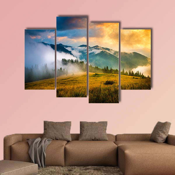  Amazing mountain landscape with fog and a haystack multi panel canvas wall art
