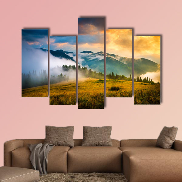  Amazing mountain landscape with fog and a haystack multi panel canvas wall art