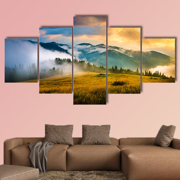  Amazing mountain landscape with fog and a haystack multi panel canvas wall art
