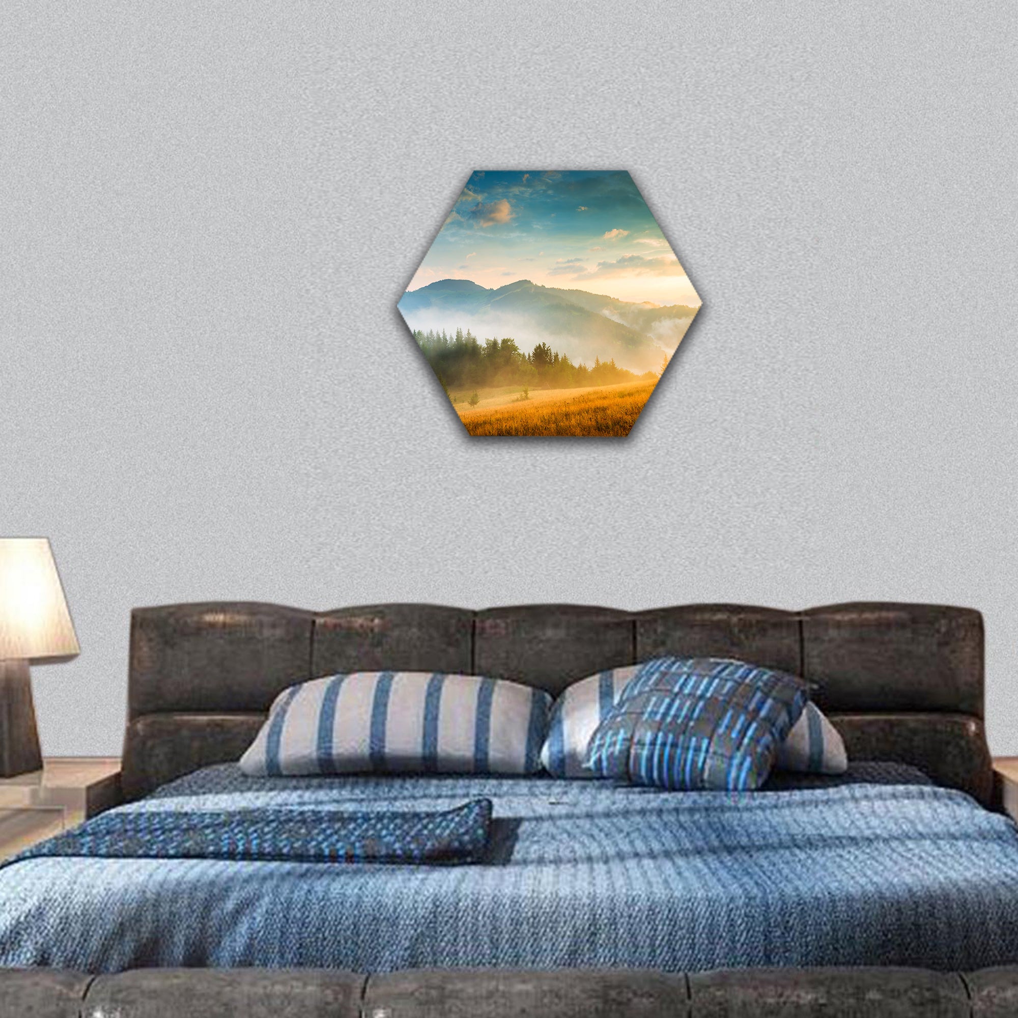 Amazing mountain landscape with fog hexagonal canvas wall art