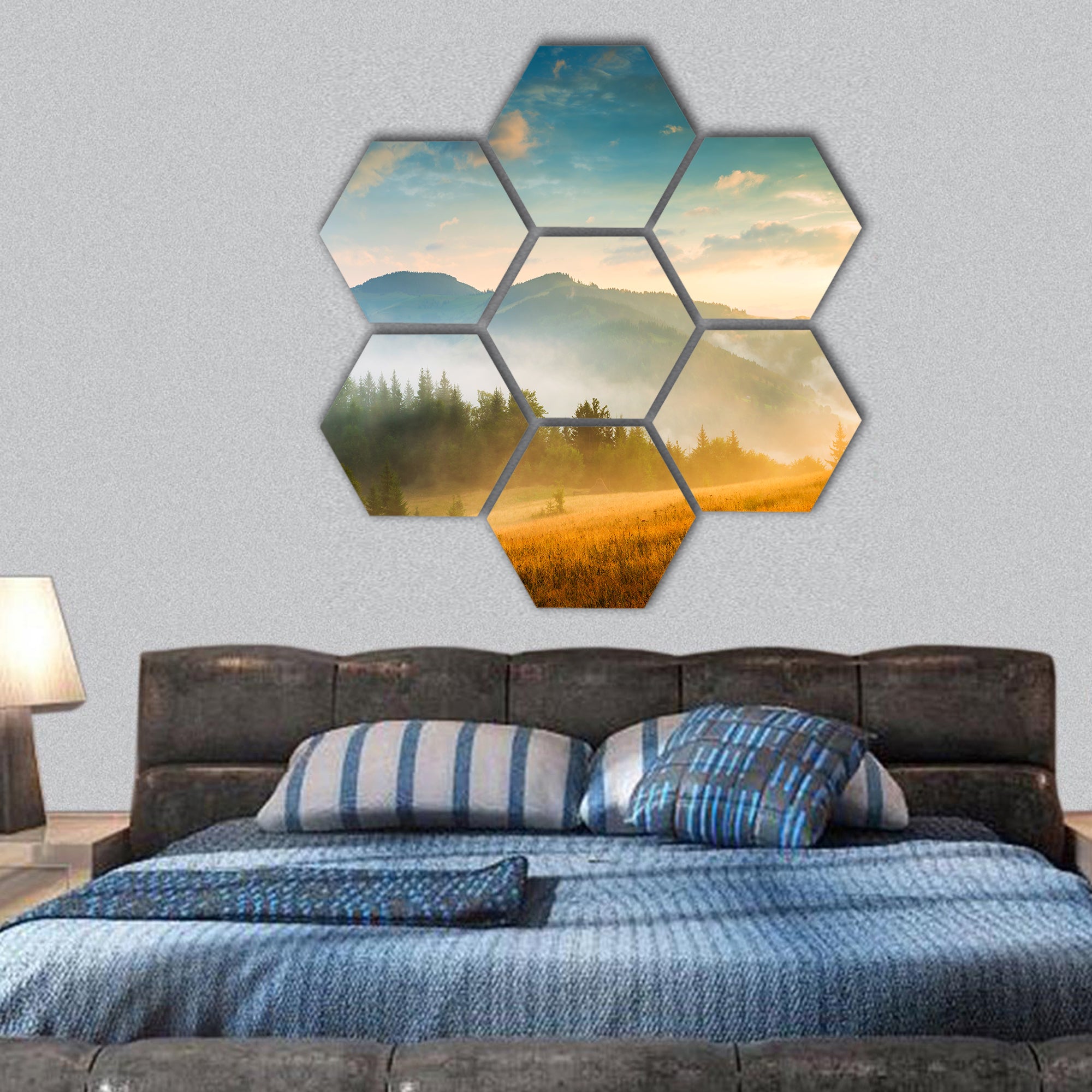 Amazing mountain landscape with fog hexagonal canvas wall art