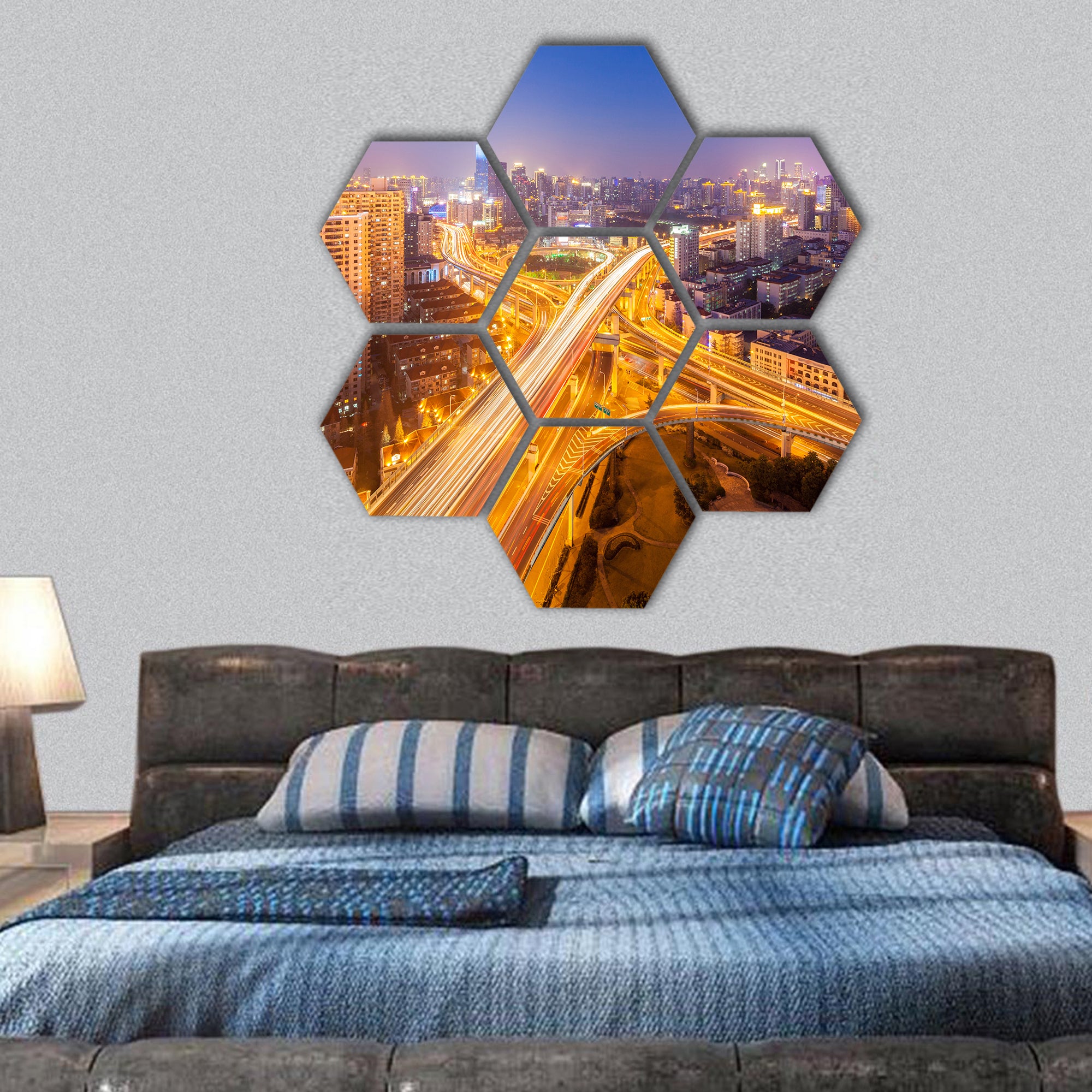 overpass at the intersection of two viaducts in shanghai hexagonal canvas wall art