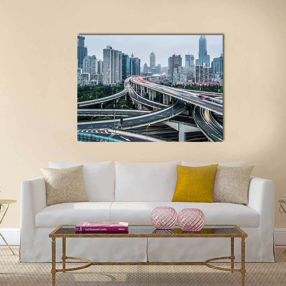 Aerial view of Shanghai viaduct night, multi panel canvas wall art