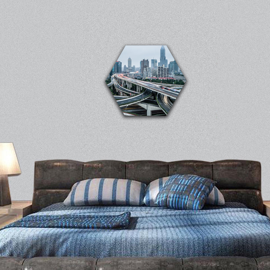 Shanghai viaduct night, severe traffic congestion hexagonal canvas wall art