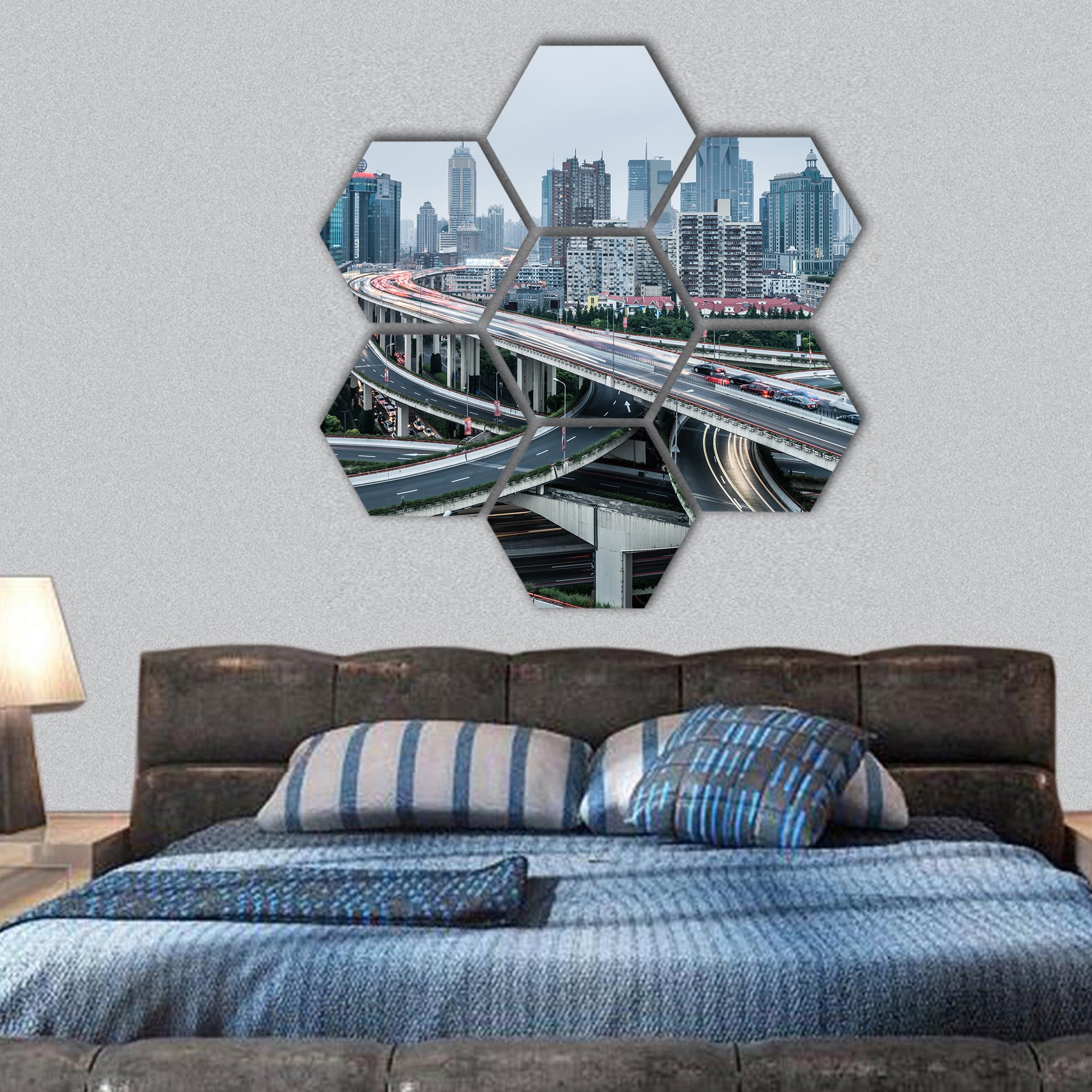 Shanghai viaduct night, severe traffic congestion hexagonal canvas wall art