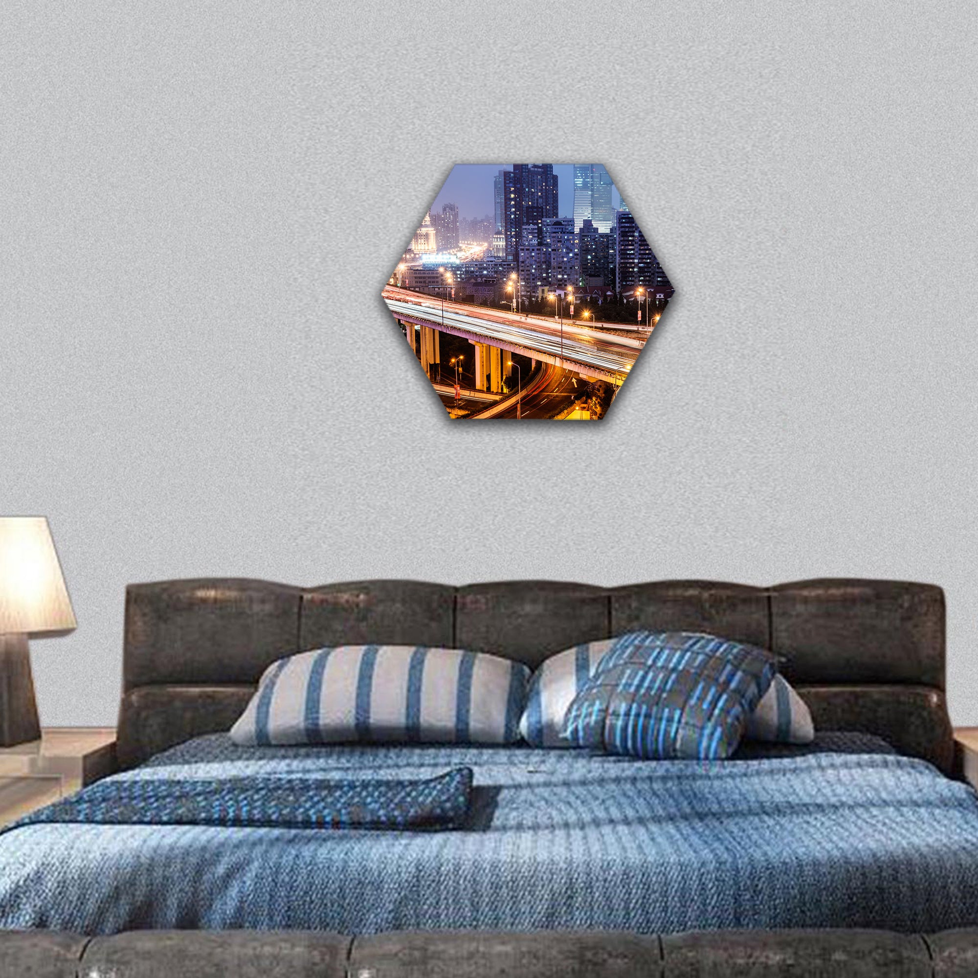 Shanghai viaduct night, severe traffic congestion hexagonal canvas wall art