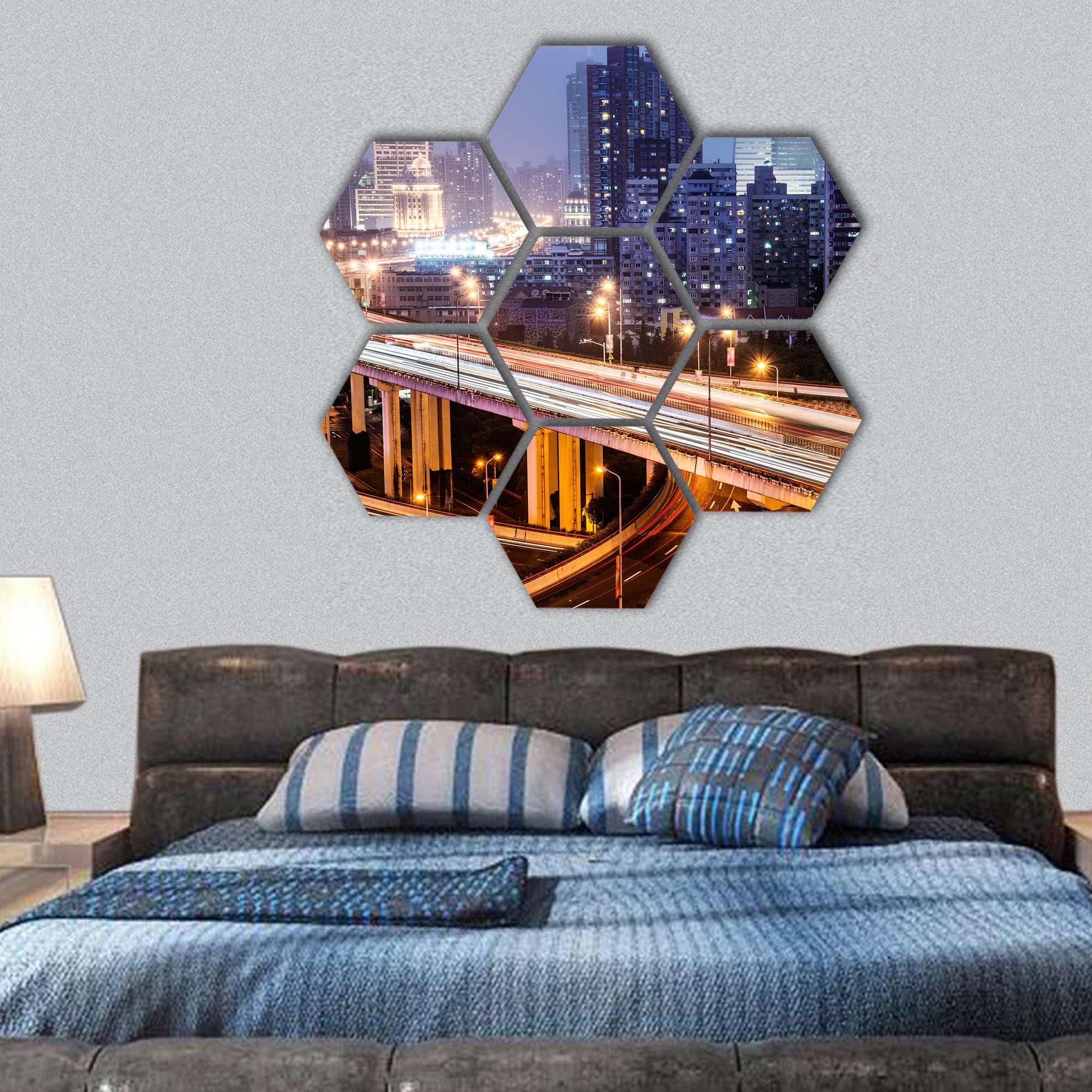 Shanghai viaduct night, severe traffic congestion hexagonal canvas wall art