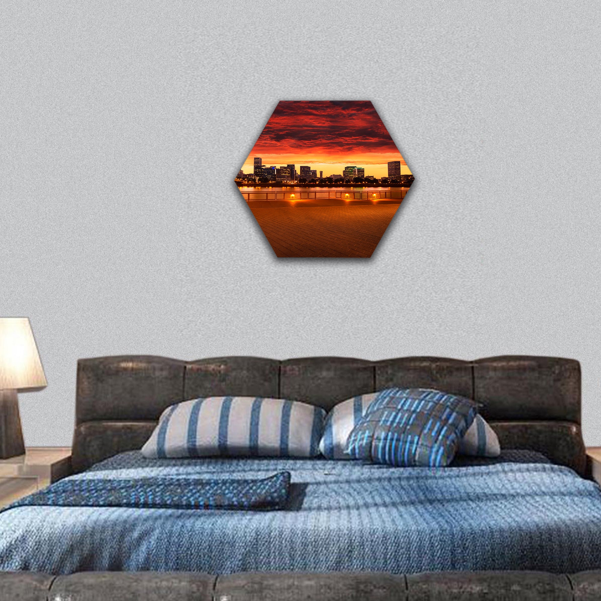 Oregon city skyline with Hawthorne bridge hexagonal canvas wall art