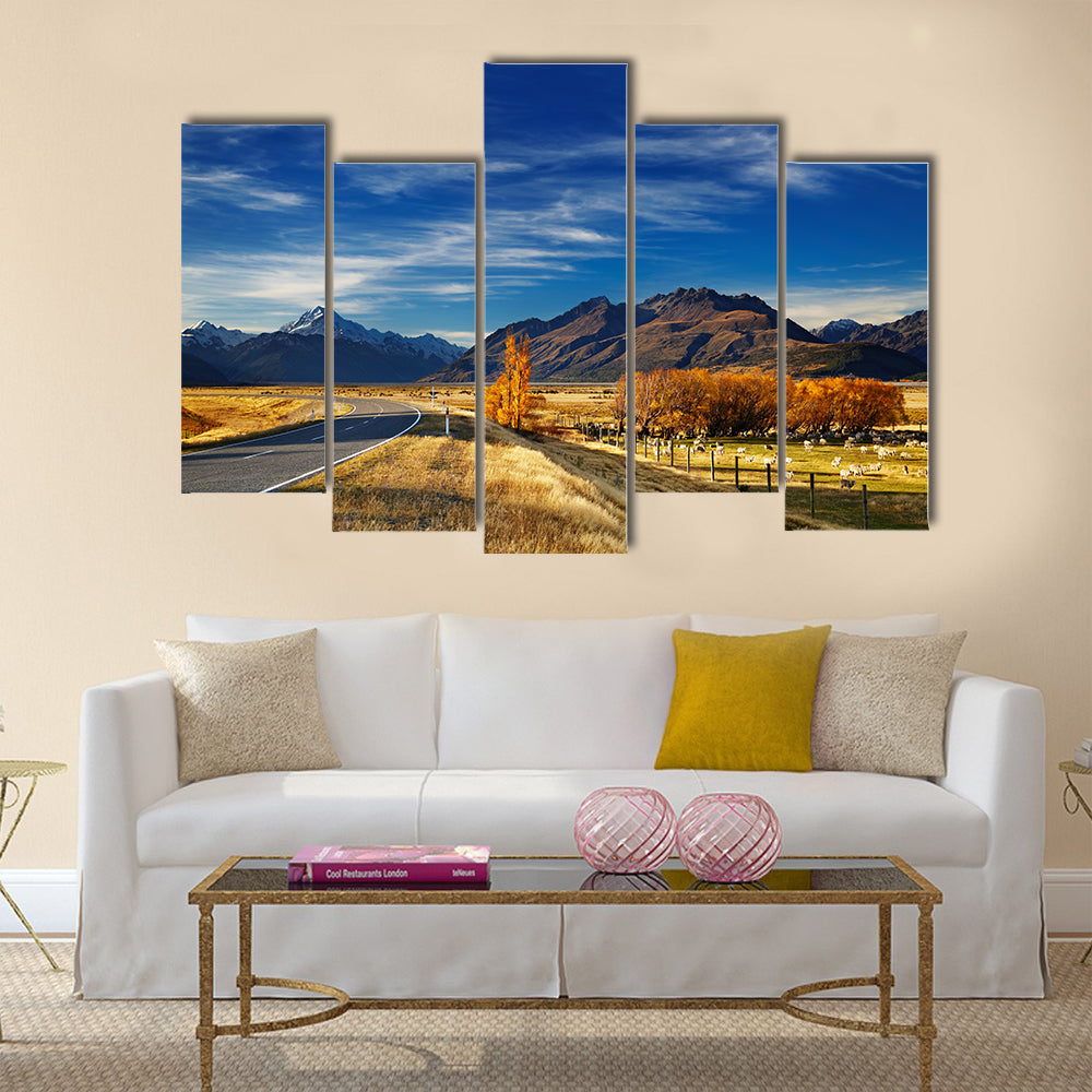 Farmland with grazing sheep and Mount Cook Multi Panel Canvas Wall Art