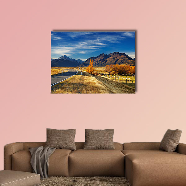 Farmland with grazing sheep and Mount Cook on background, Canterbury wall art