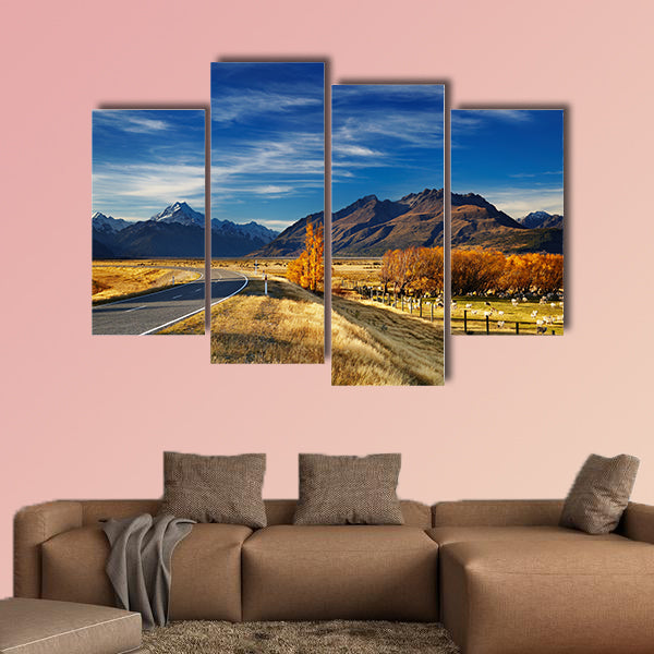Farmland with grazing sheep and Mount Cook on background, Canterbury wall art
