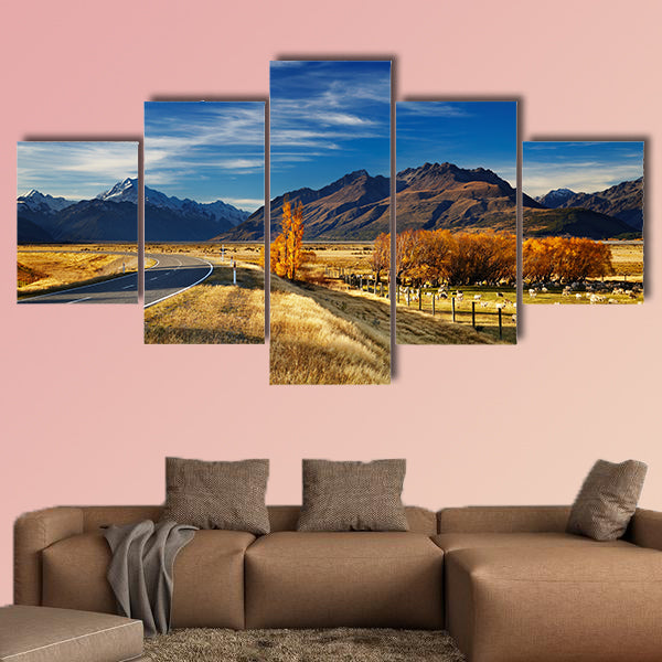 Farmland with grazing sheep and Mount Cook multi panel canvas wall art