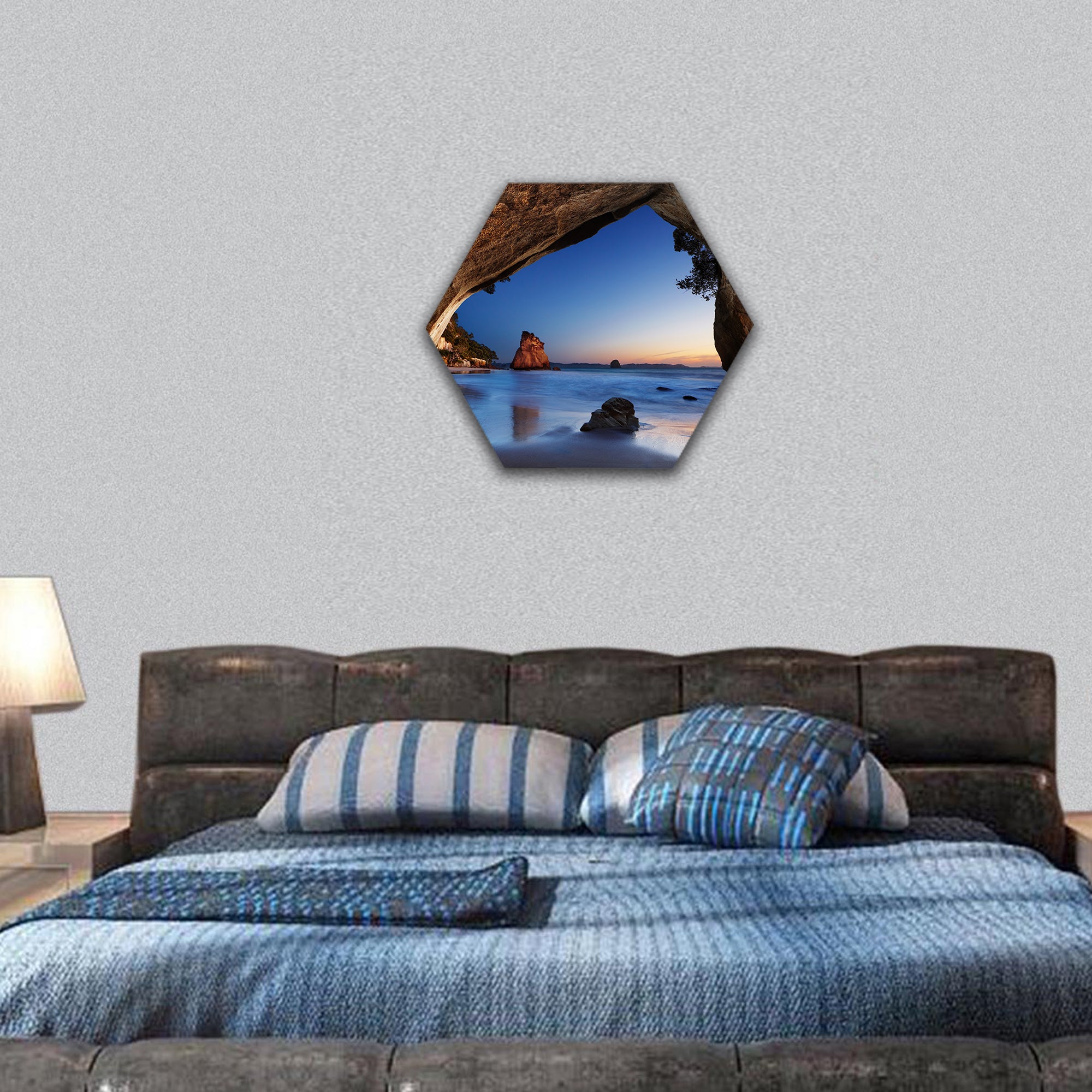 Cathedral Cove at sunrise, Coromandel Peninsula hexagonal canvas wall art