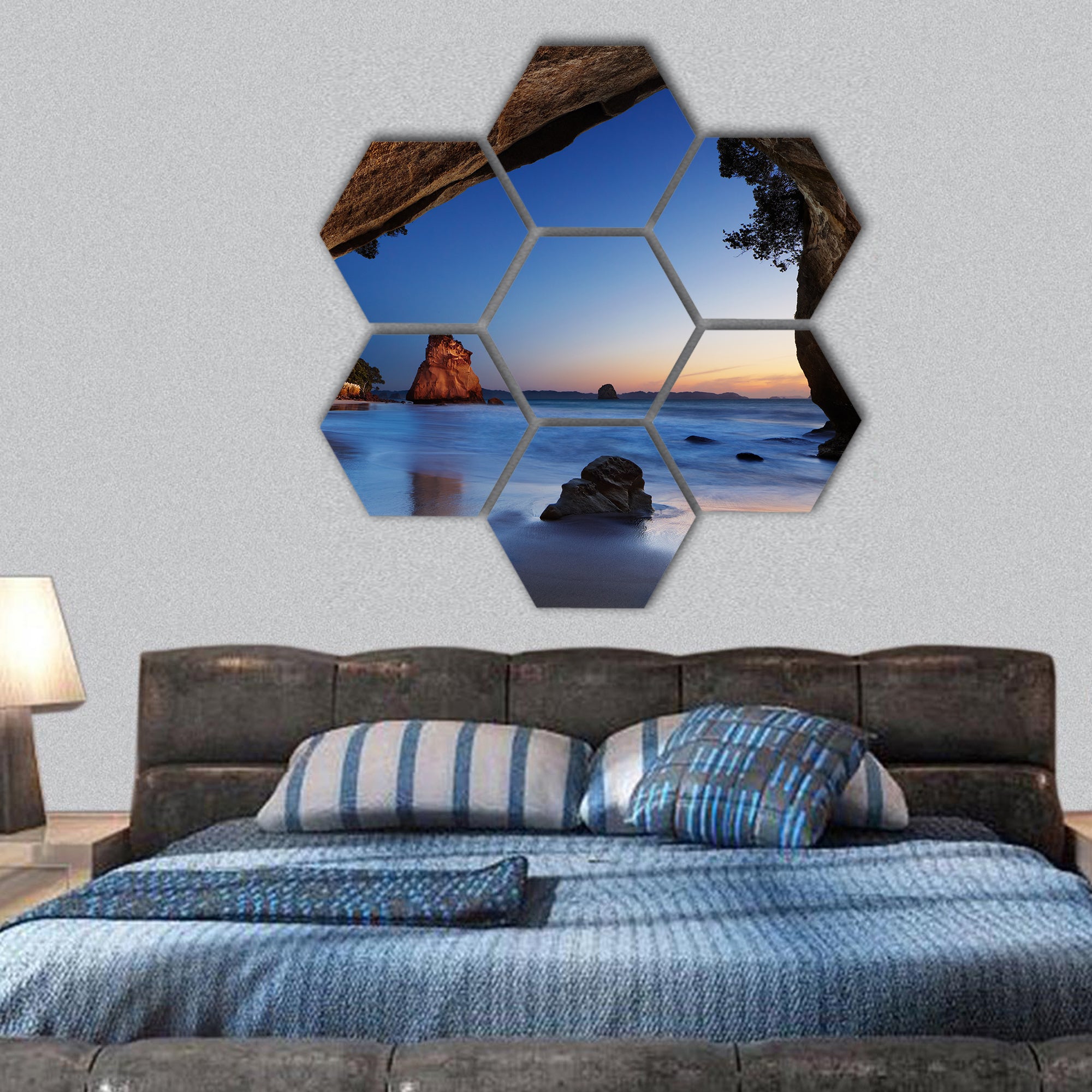 Cathedral Cove at sunrise, Coromandel Peninsula hexagonal canvas wall art