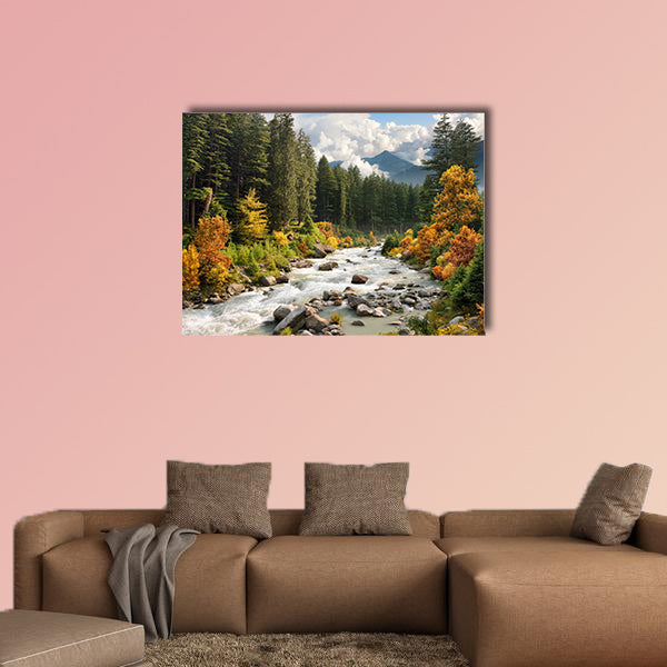 Beautiful colorful landscape with a stream and forest in autumn colors multi panel canvas wall art
