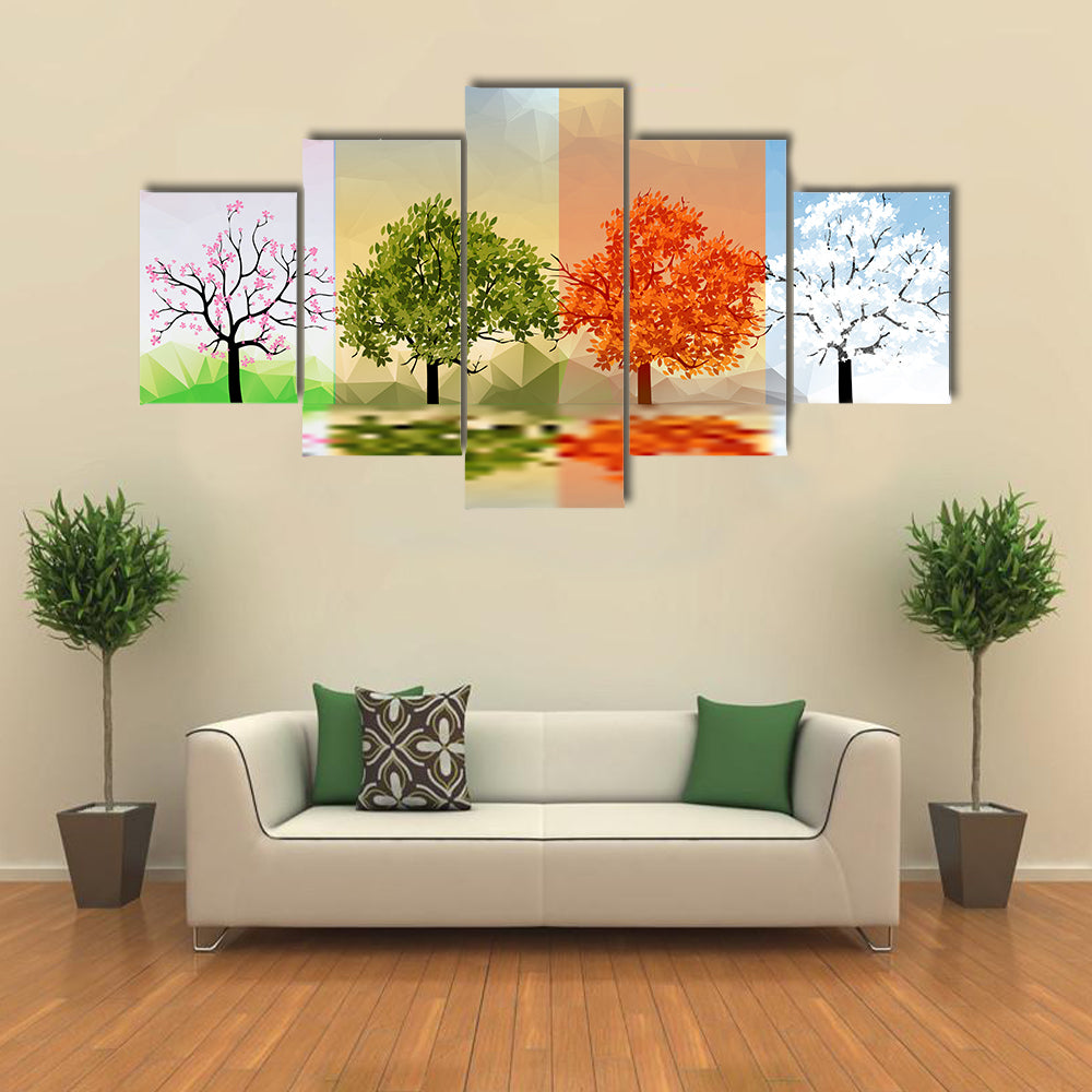 The Tree And Lake Reflection Of The Four Seasons Of The Year, Multi Panel Canvas Wall Art