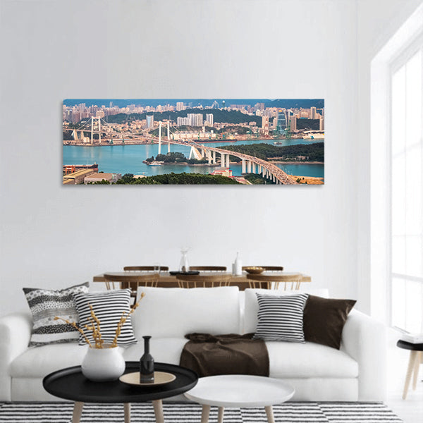 Xiamen Haicang bridge at dusk ,a beautiful coastal city panoramic canvas wall art