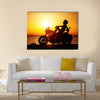 Motorcycle traveling the world girl resting on the beach road Multi panel canvas wall art