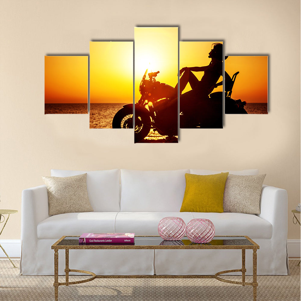 Motorcycle traveling the world girl resting on the beach road Multi panel canvas wall art