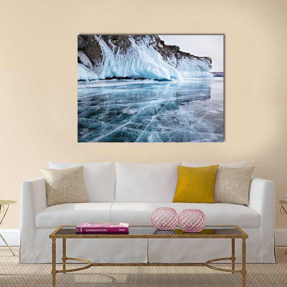 Rocks frozen into the ice of siberian Baikal Lake in winter multi panel canvas wall art