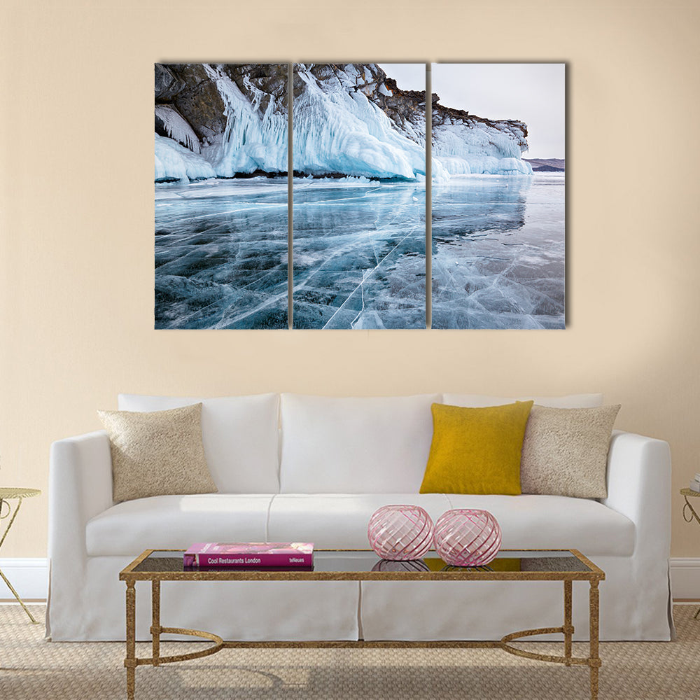 Rocks frozen into the ice of siberian Baikal Lake in winter multi panel canvas wall art