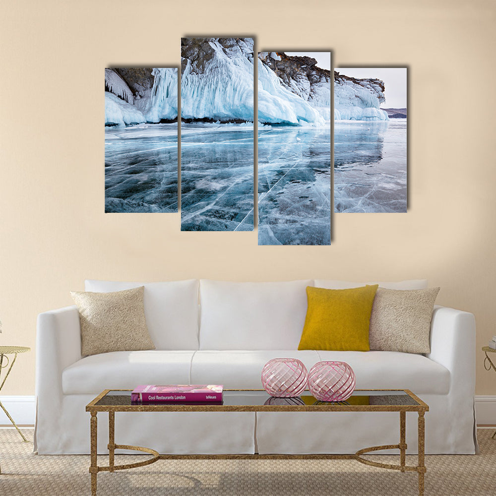 Rocks frozen into the ice of siberian Baikal Lake in winter multi panel canvas wall art