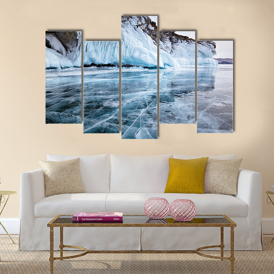 Rocks frozen into the ice of siberian Baikal Lake in winter multi panel canvas wall art