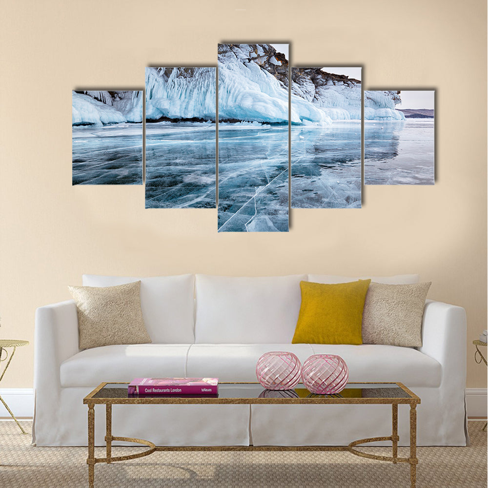 Rocks frozen into the ice of siberian Baikal Lake in winter multi panel canvas wall art