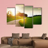 Panoramic view of nice green hill and path during sunset multi panel canvas wall art