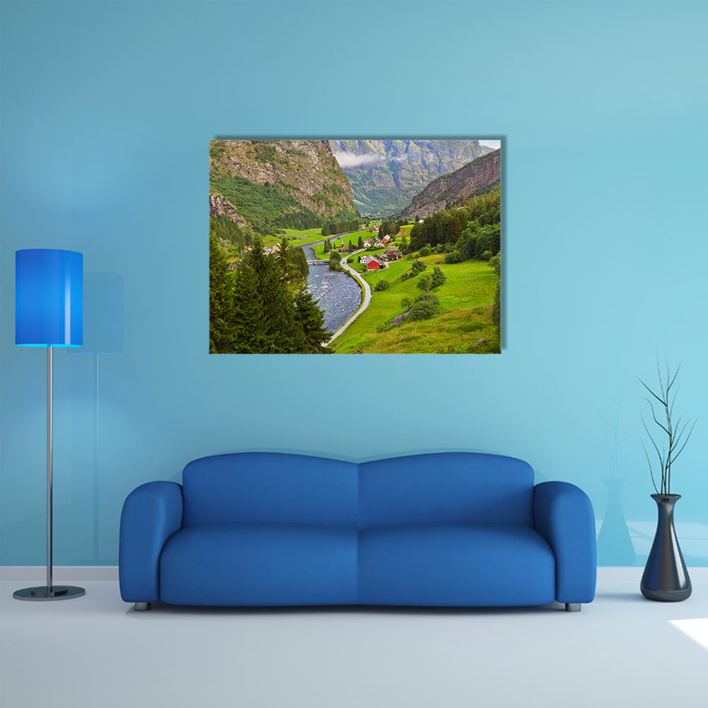 Village in Flam, Norway, nature and travel background multi panel canvas wall art