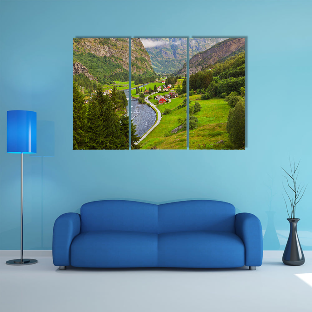 Village in Flam, Norway, nature and travel background multi panel canvas wall art