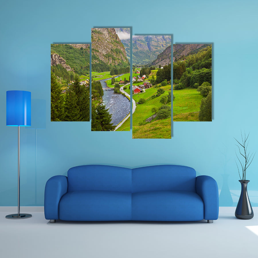 Village in Flam, Norway, nature and travel background multi panel canvas wall art