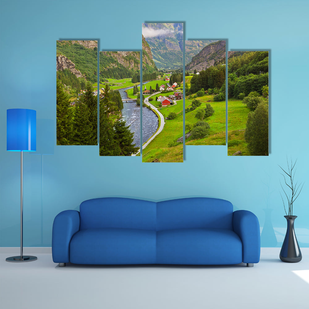 Village in Flam, Norway, nature and travel background multi panel canvas wall art