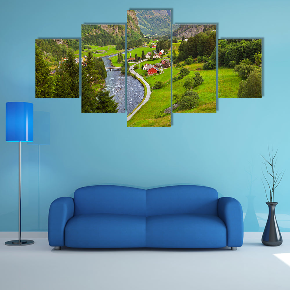 Village in Flam, Norway, nature and travel background multi panel canvas wall art