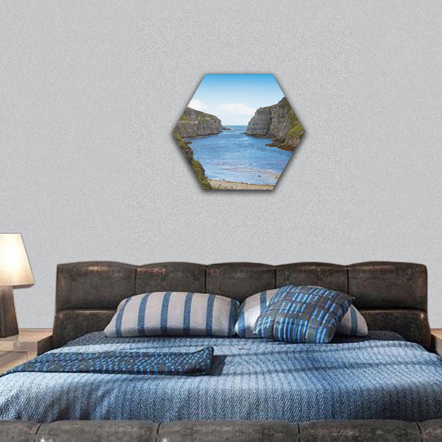 Wide river mouth into the Atlantic Ocean close to Smoo Cave hexagonal canvas wall art