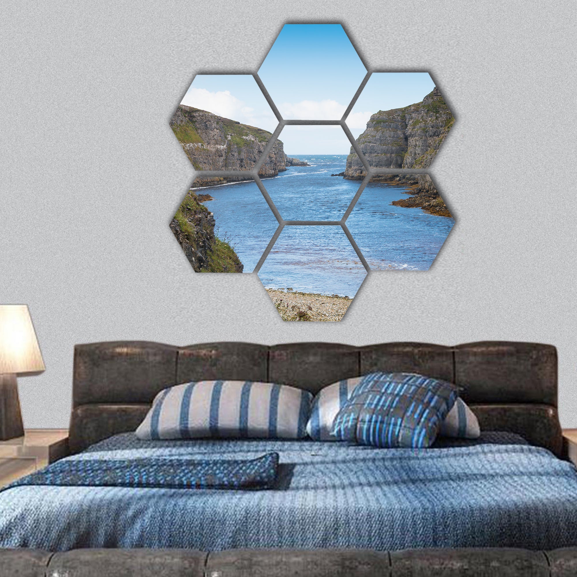 Wide river mouth into the Atlantic Ocean close to Smoo Cave hexagonal canvas wall art