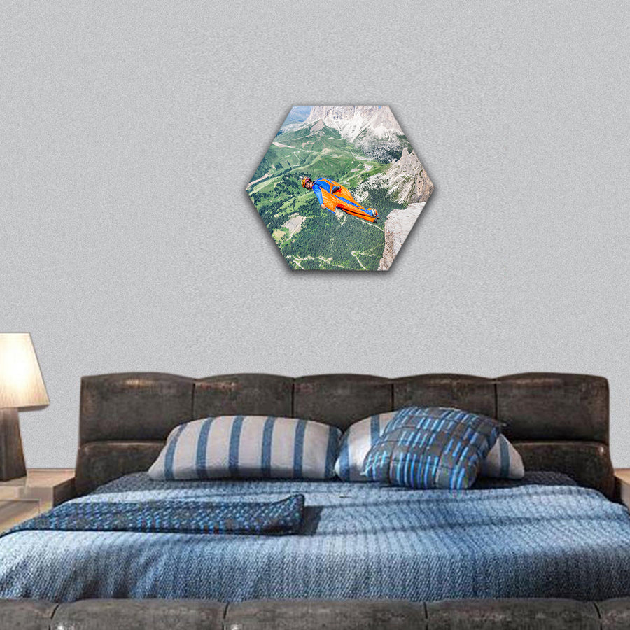 BASE jumper jumping off a big cliff in Dolomites Italy, hexagonal canvas wall art